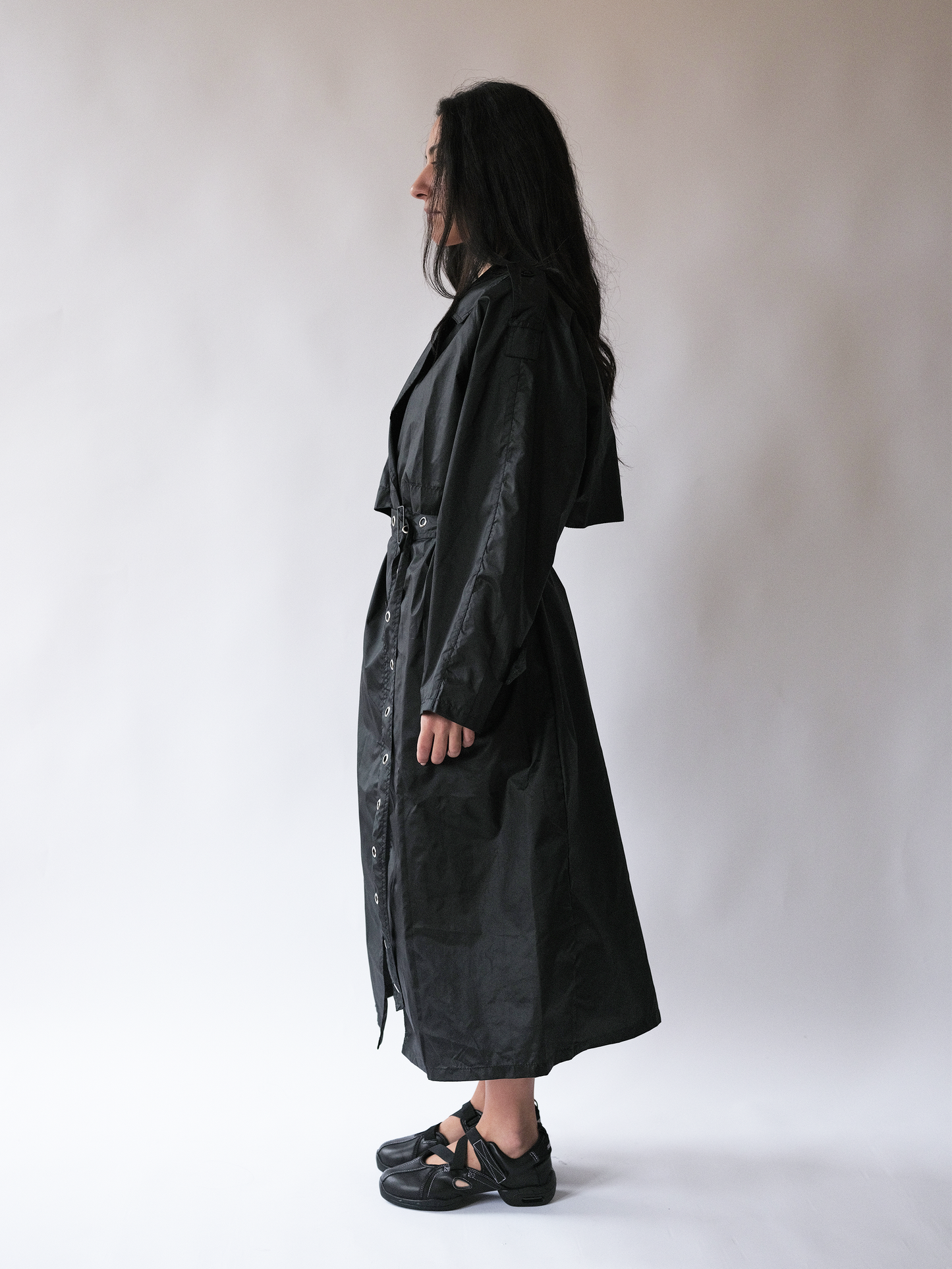 Black Eyelet Belt Trench