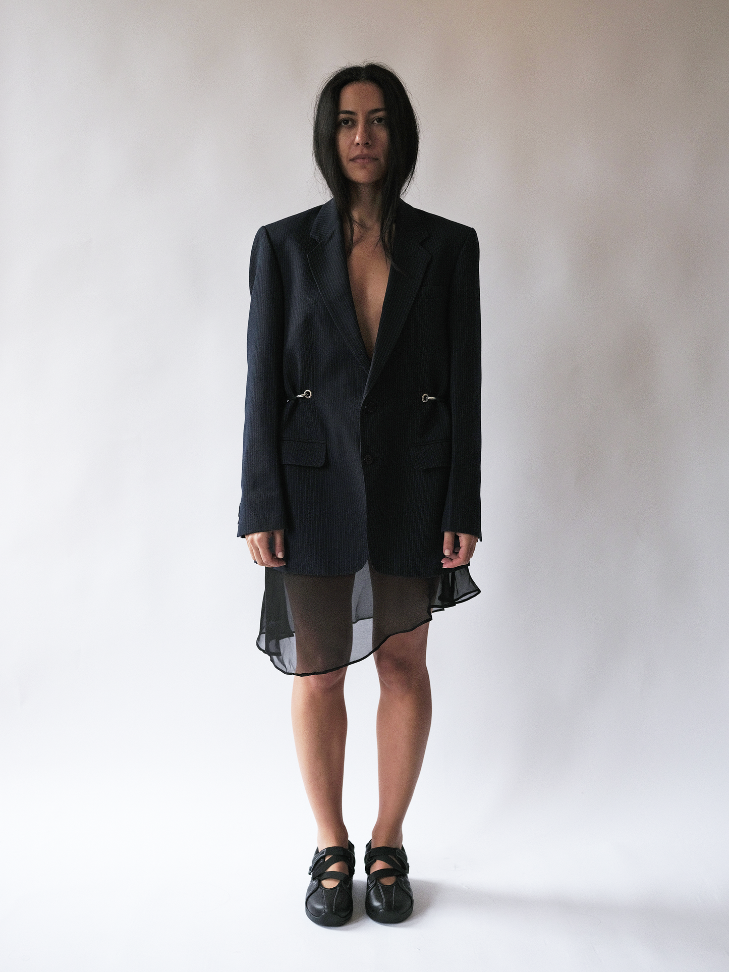 Navy pinstripe hardware front blazer