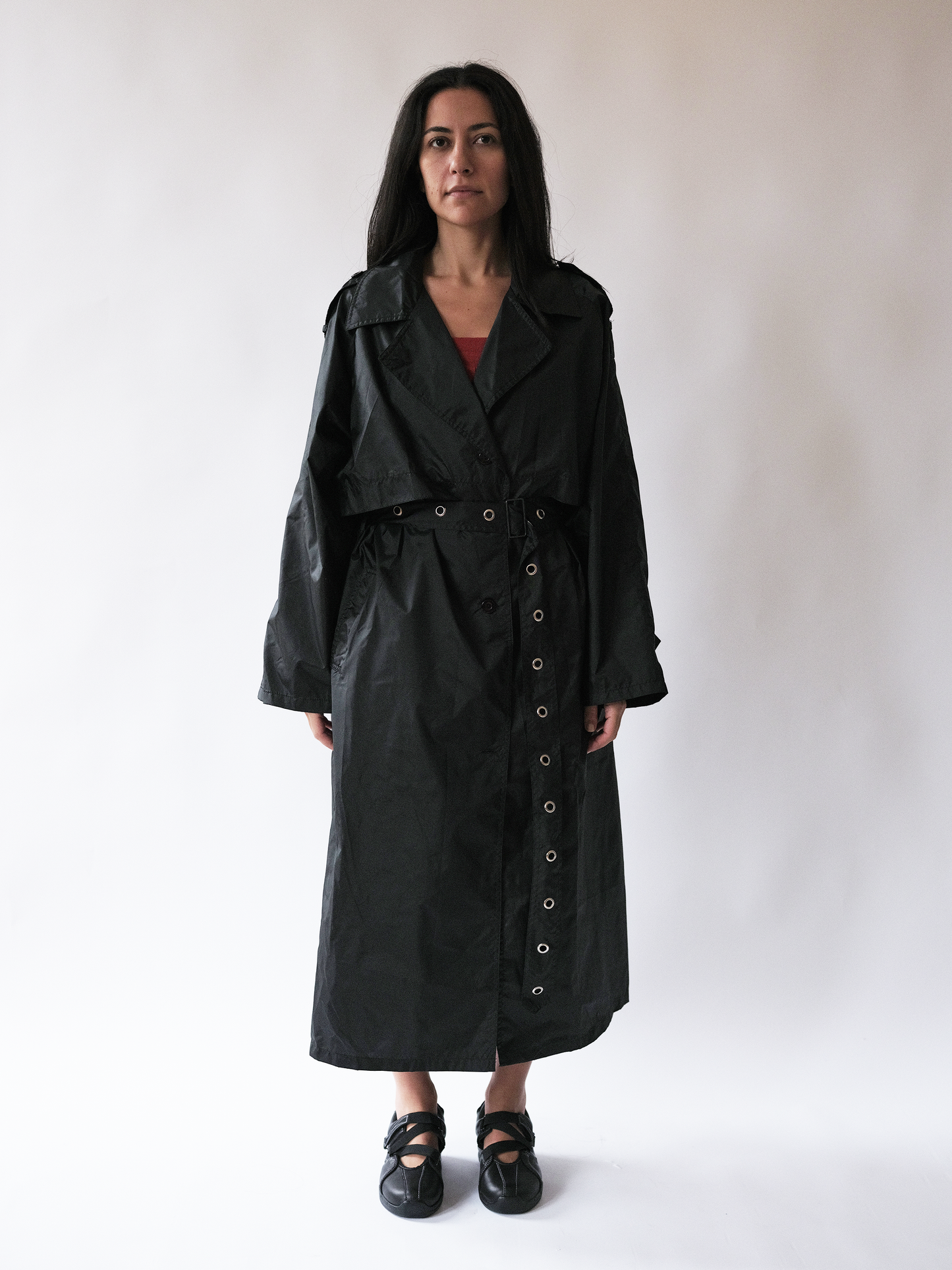 Black Eyelet Belt Trench