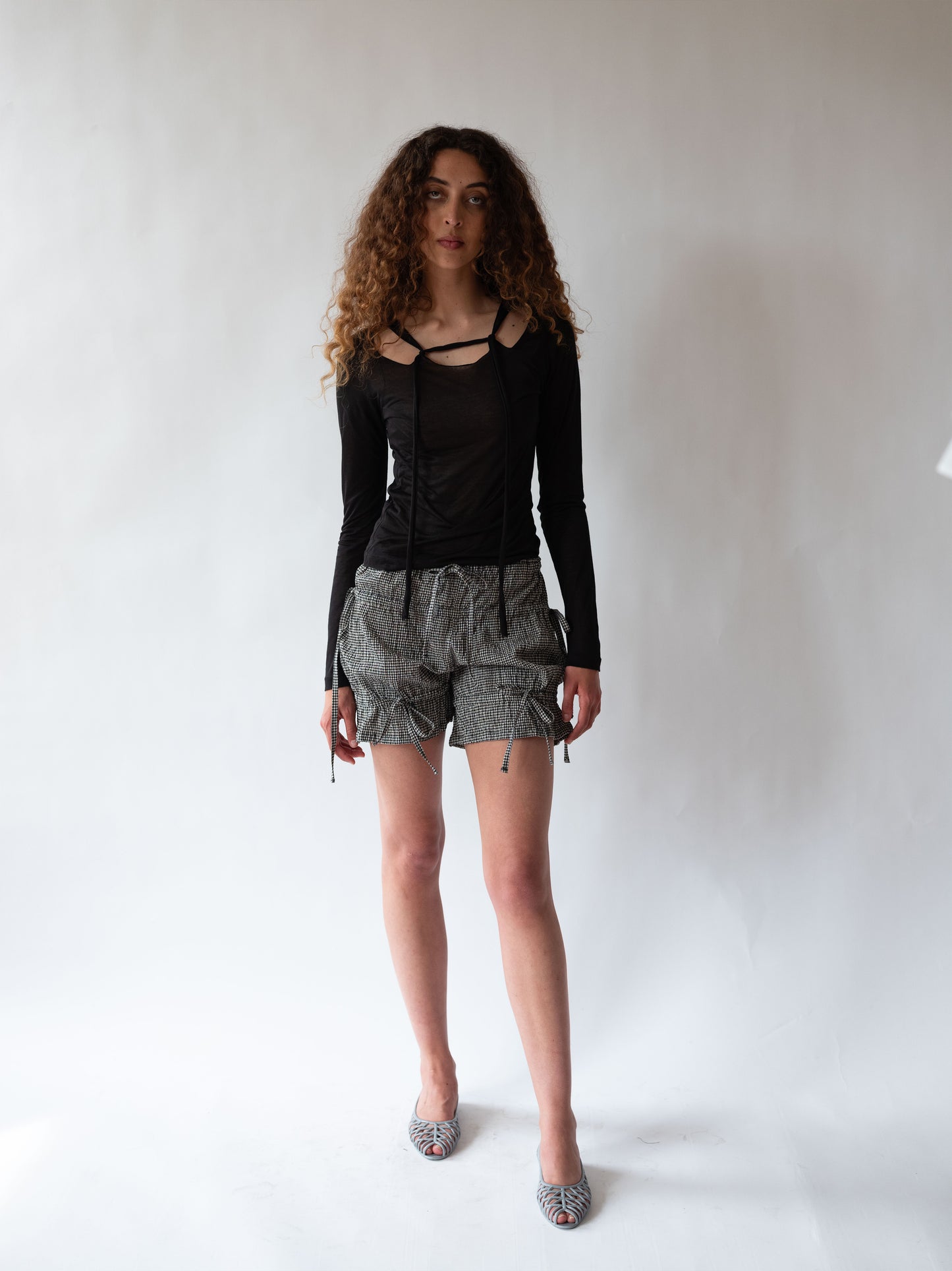 ruched shorts black gingham