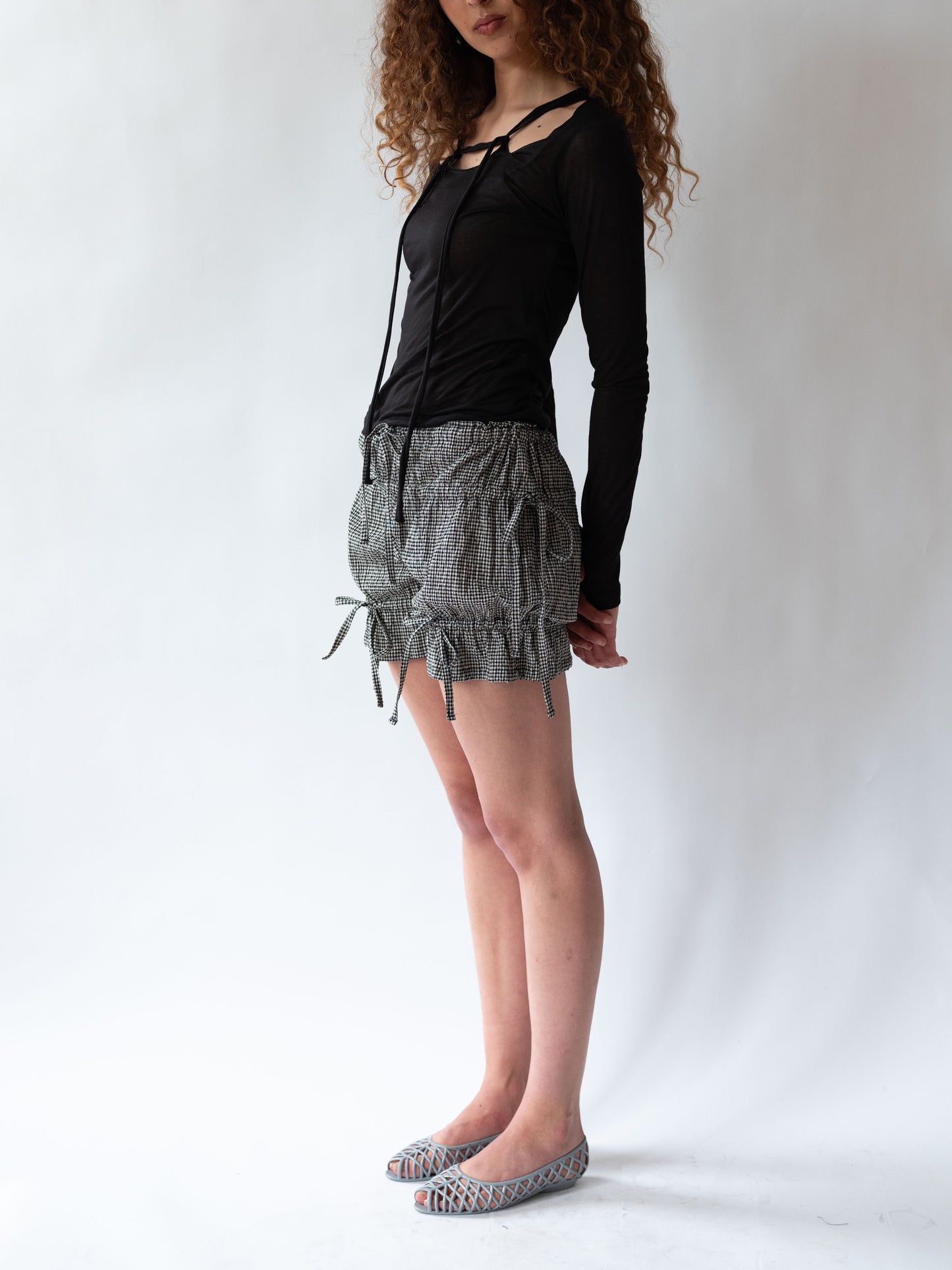 ruched shorts black gingham