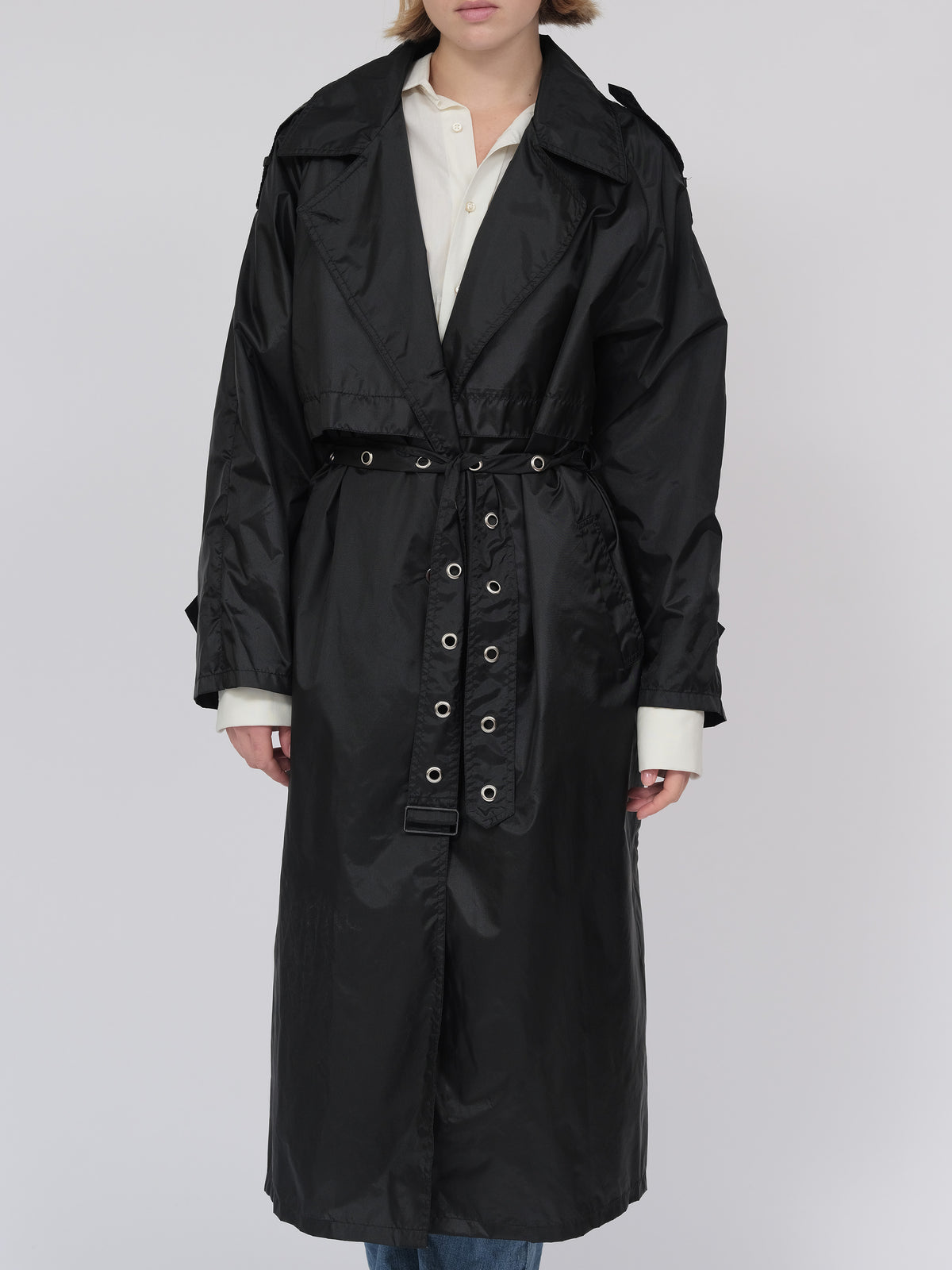 Black eyelet belt trench