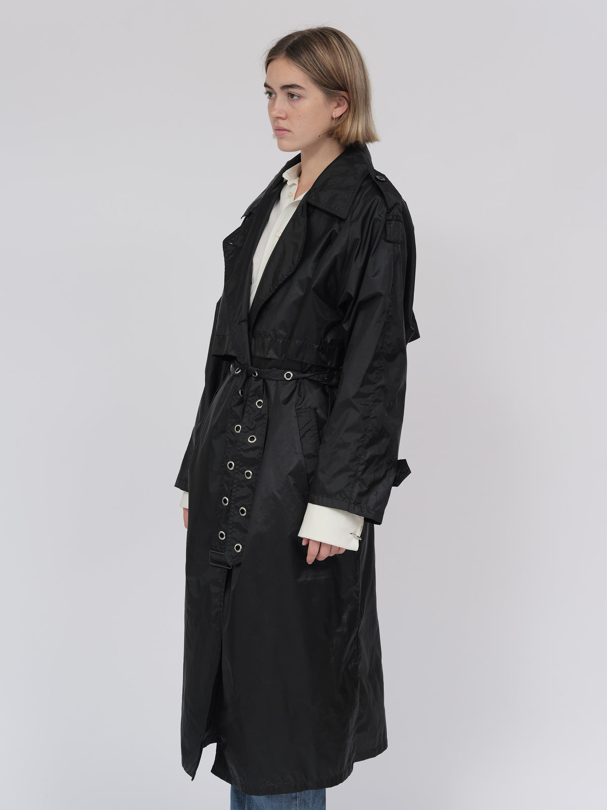 Black eyelet belt trench