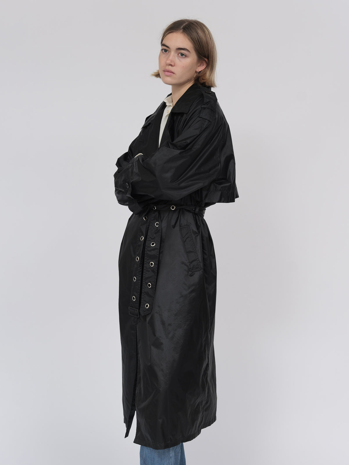 Black eyelet belt trench