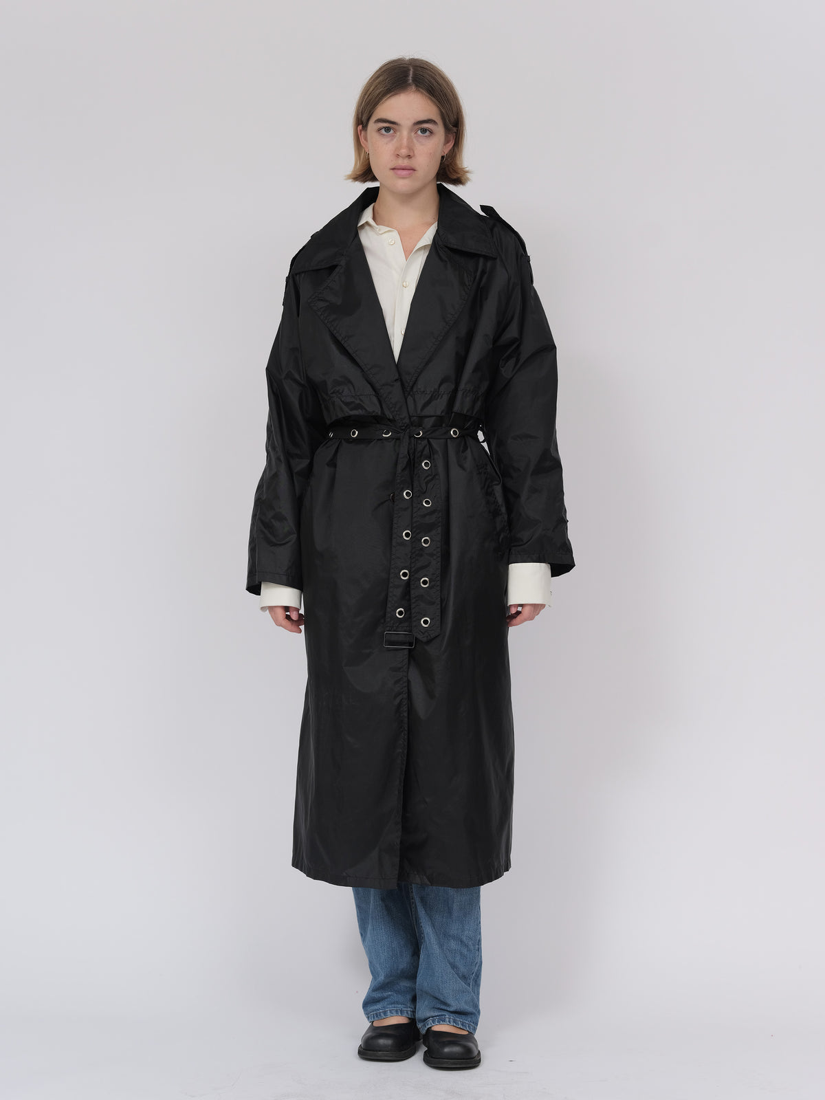 Black eyelet belt trench
