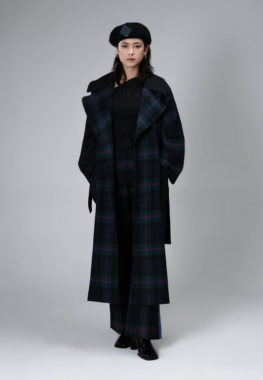 Dark tartan oversized coat