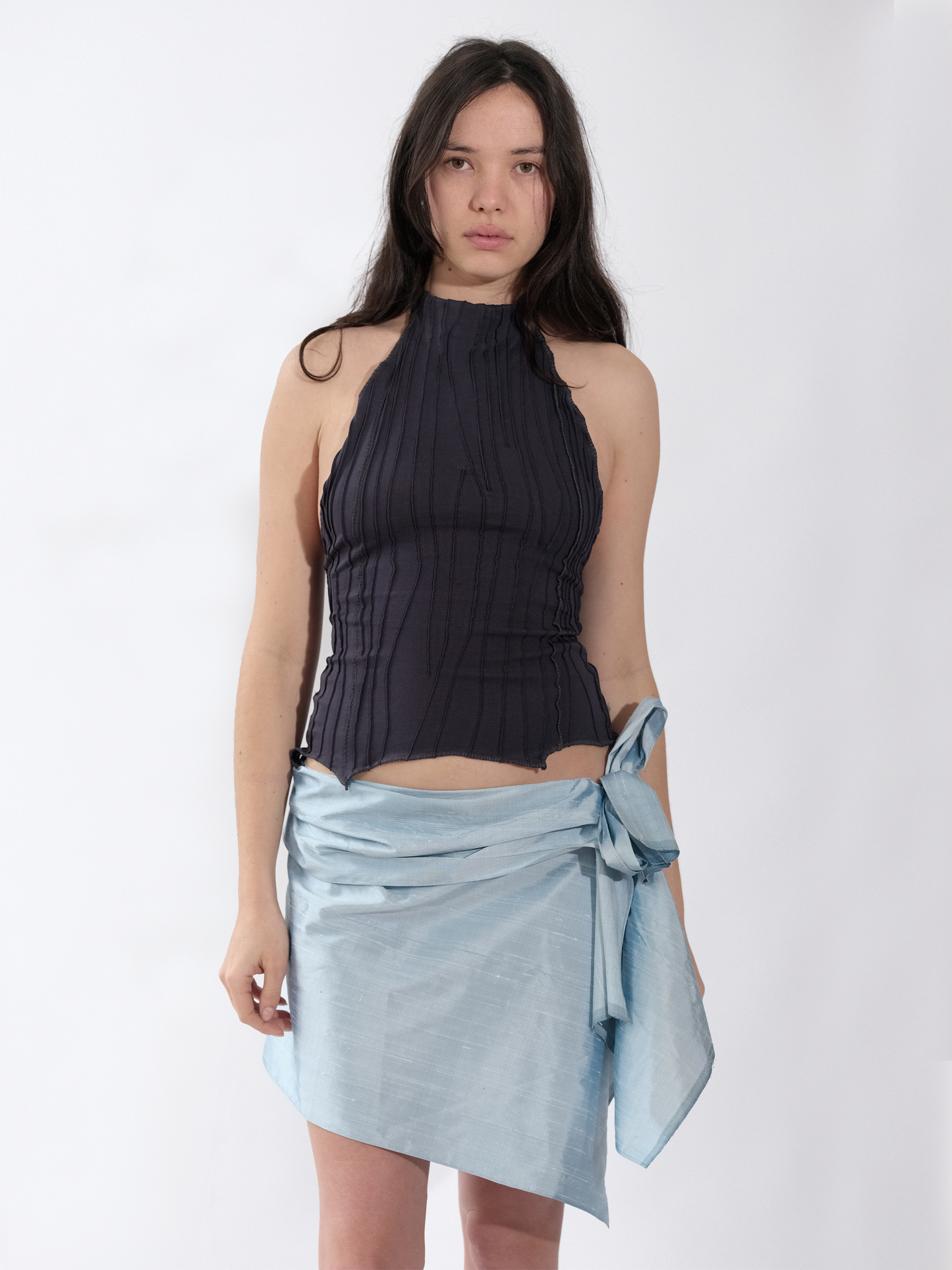 Raw Silk Instant Wrap Skirt - Sky